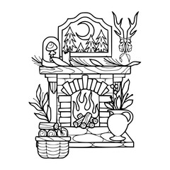 cozy fireplace with ornament in line art design for coloring pages