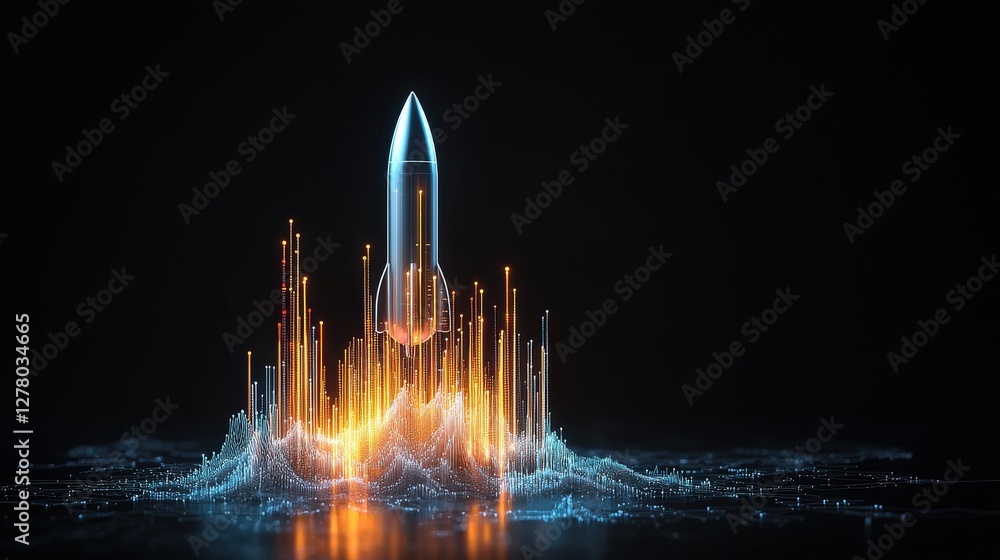 Poster futuristic rocket launch with colorful data waves