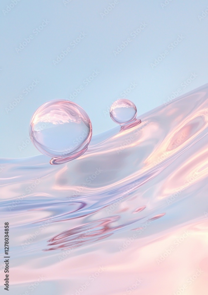 Poster abstract digital art piece with a light blue background. in the center of the image, there are two b