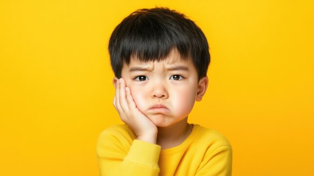sad young boy in yellow sweater