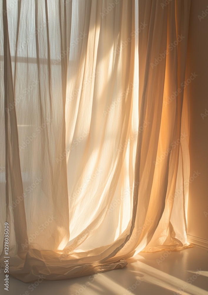 Poster close-up of a sheer white curtain hanging in a room. the curtain is made of sheer fabric and is drap