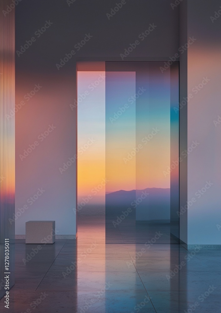 Poster empty room with a large window in the center. the window is divided into three sections, each with a