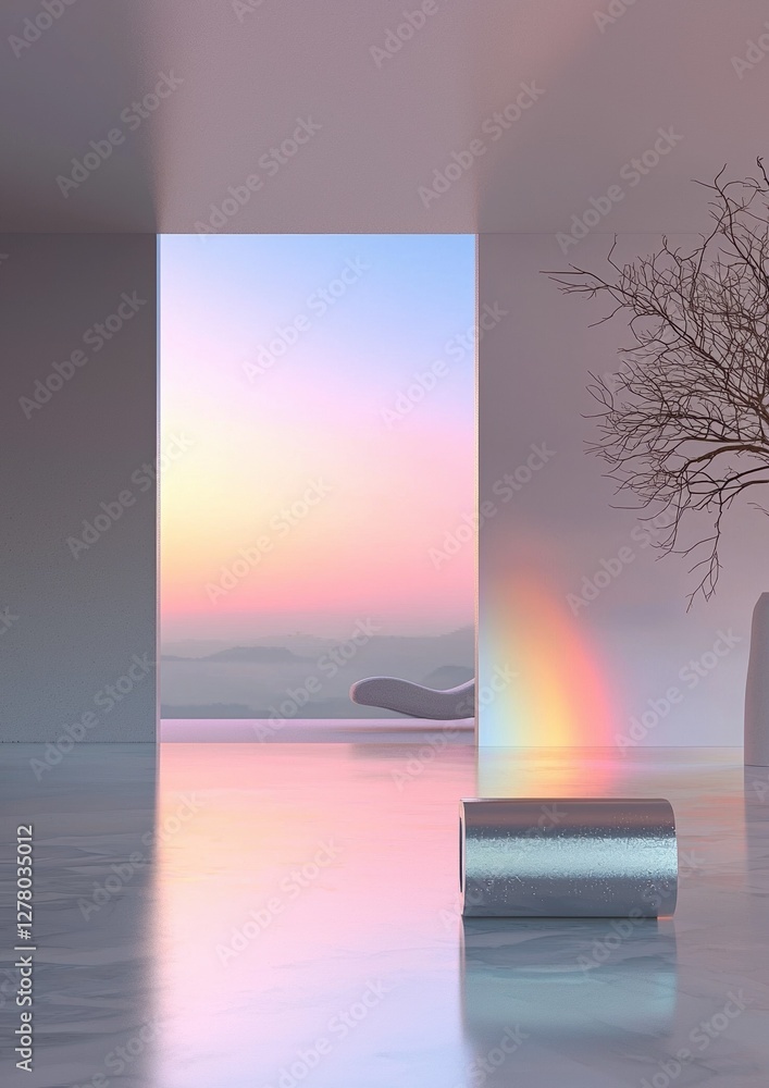 Aufkleber empty room with a large window that offers a beautiful view of the ocean. the window is open, allowi