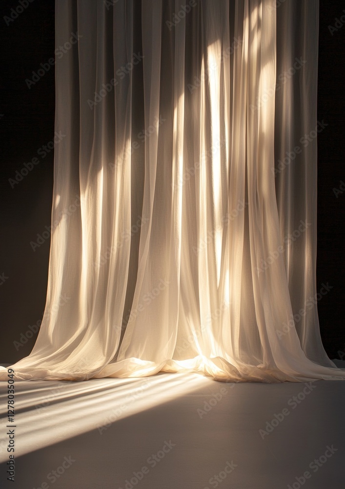 Poster long, flowing white curtain that is draped in a way that creates a sense of movement and energy. the