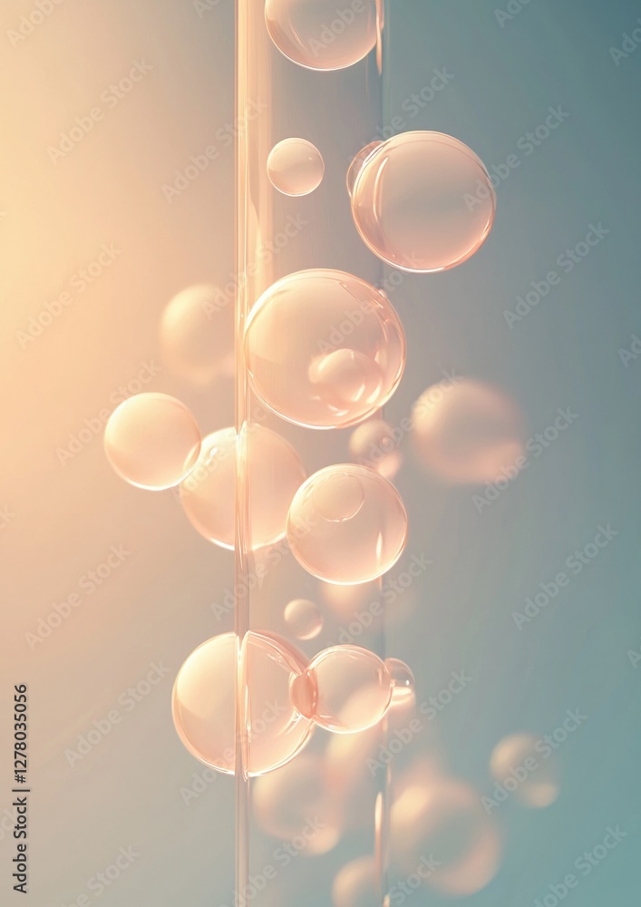 Poster close-up of a long, thin tube with multiple bubbles floating around it. the bubbles are of different