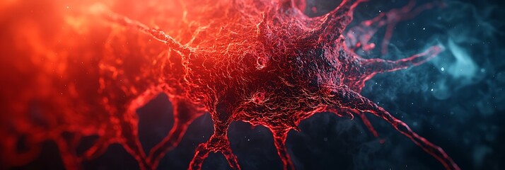 A vibrant, abstract depiction of interconnected neural networks, showcasing intricate structures in red and blue tones, evoking a sense of scientific exploration.