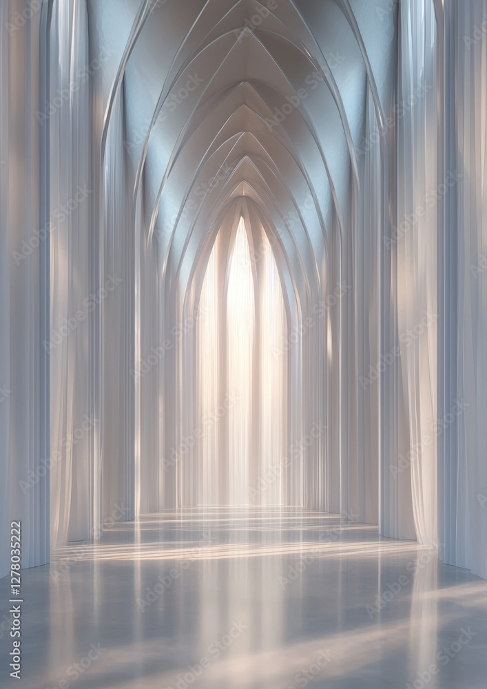 Poster empty room with a high ceiling and arches. the walls are covered in white curtains that are draped i