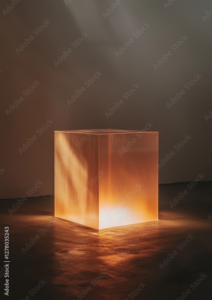 Poster square-shaped object that is lit up with a warm orange glow. the object appears to be made of a meta