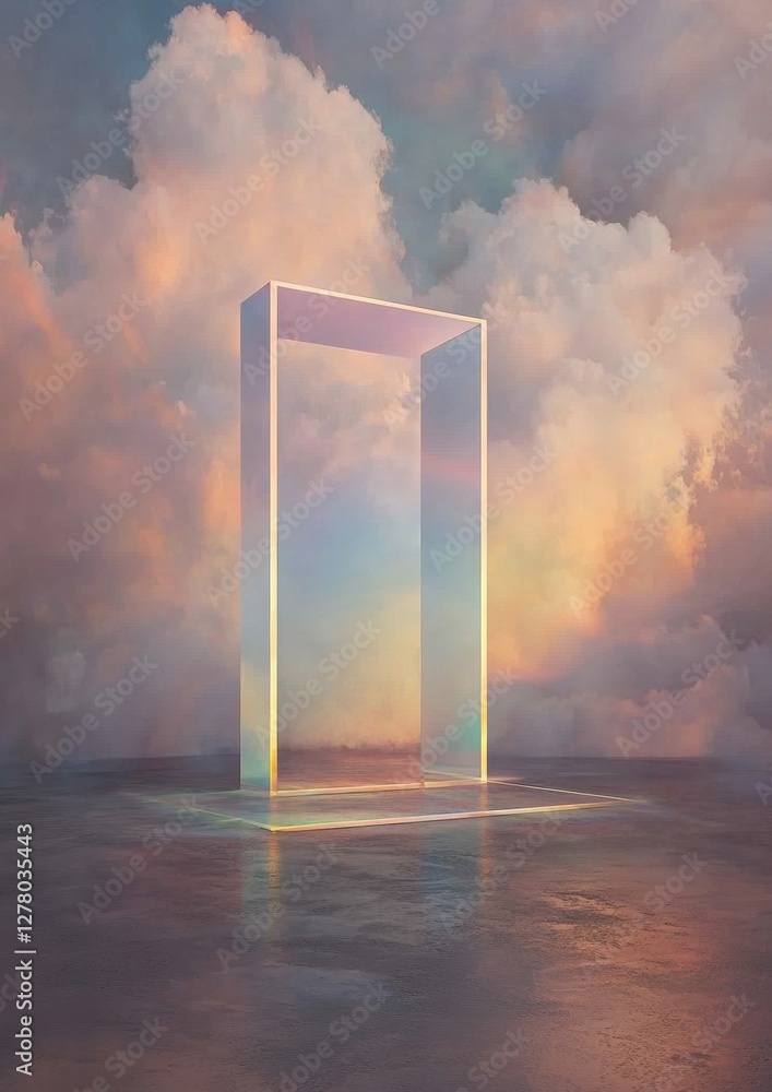 Poster digital art piece that appears to be a surreal landscape with a large, rectangular structure in the 