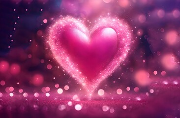 Pink glitter heart on shiny purple background. Love Valentine's Day on February 14. Send Valentine, small gift, letter with declaration of love to beloved