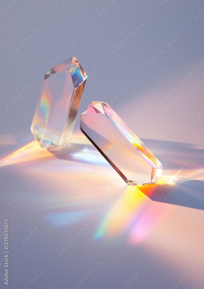 Aufkleber two crystal objects on a light blue background. the objects are made of transparent glass and have a