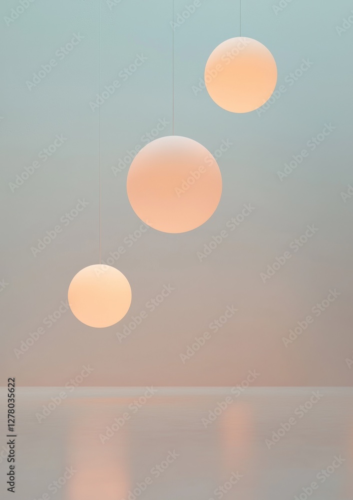 Poster three spherical lights hanging from strings in a room with a light blue wall and a body of water bel