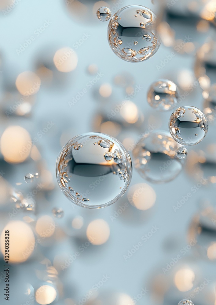 Poster close-up of a group of bubbles floating in the air. the bubbles are of different sizes and shapes, w