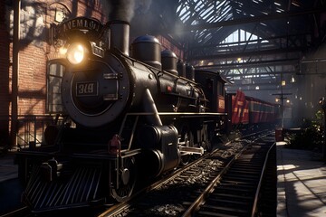 A retro-futuristic train station with steam-powered trains and glowing neon signs, blending 1920s design with advanced tech