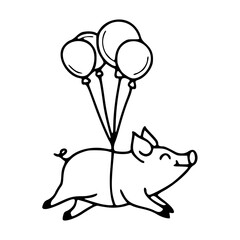 flying happy pig with balloons outline