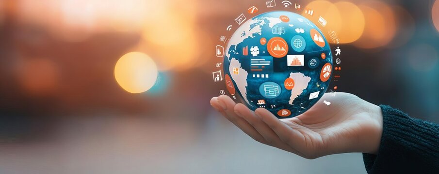 A hand spinning a globe with business icons appearing on different countries, representing multinational company growth
