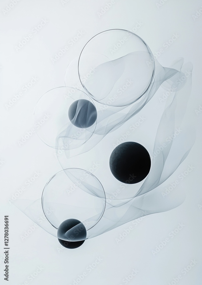 Poster abstract digital art piece with a white background. it features three black spheres arranged in a tr