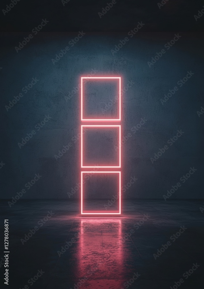 Aufkleber 3d rendering of a neon sign in the middle of a dark room. the sign is made up of three rectangular p