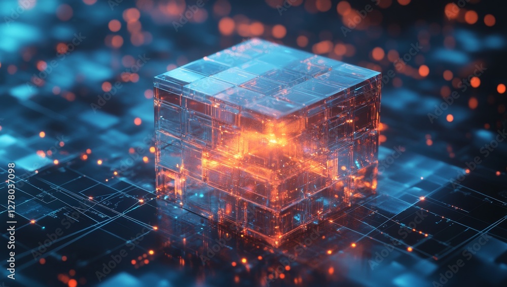 Poster glowing data cube on circuit board, digital backdrop