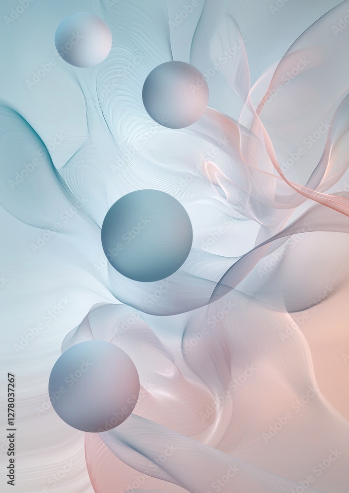Poster abstract digital art piece with a light blue and pink color scheme. it features three spheres of dif