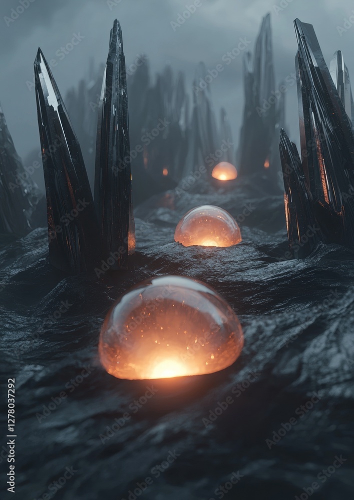 Poster group of crystal formations on a rocky surface. the formations are tall and slender, with pointed ti