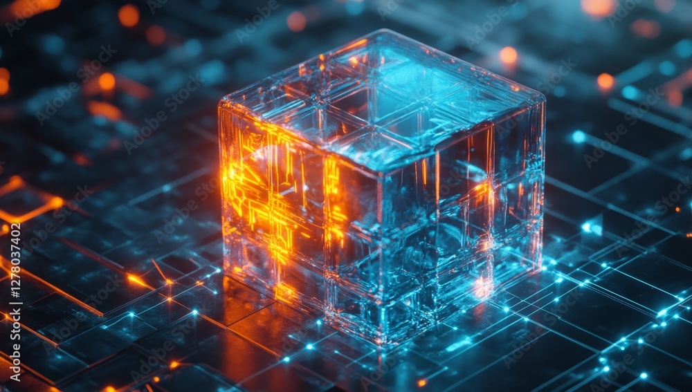 Poster glass cube data network glowing circuit board