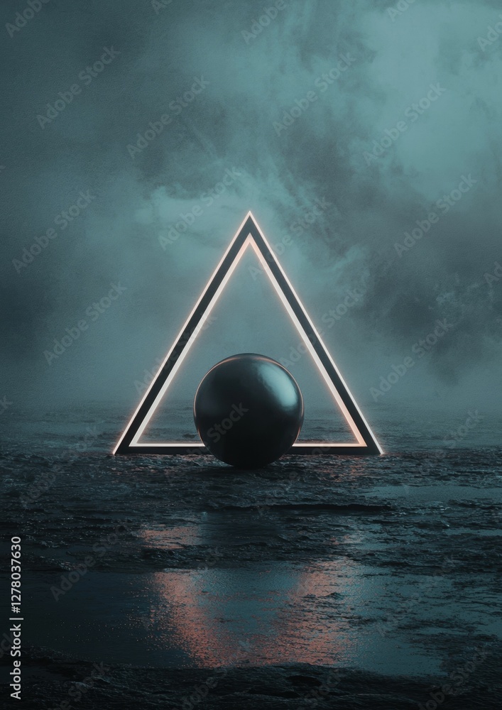 Poster digital art piece that appears to be a photograph of a black sphere in the middle of a body of water