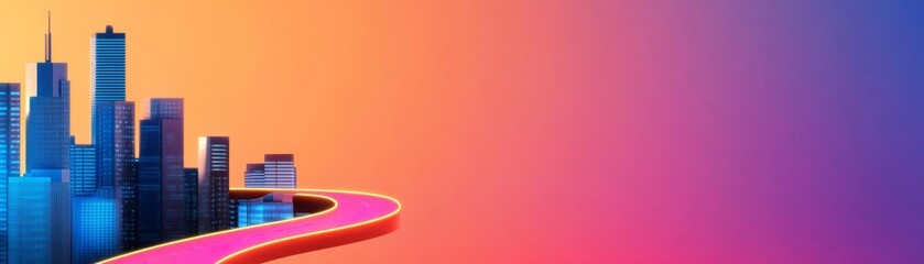 A neon path leading from a small startup to a massive corporate empire