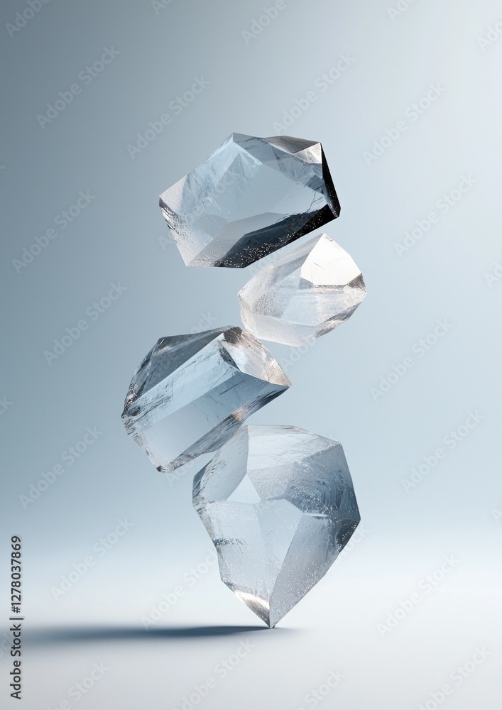 Poster three large, faceted crystals falling in the air. the crystals are of different sizes and shapes, wi