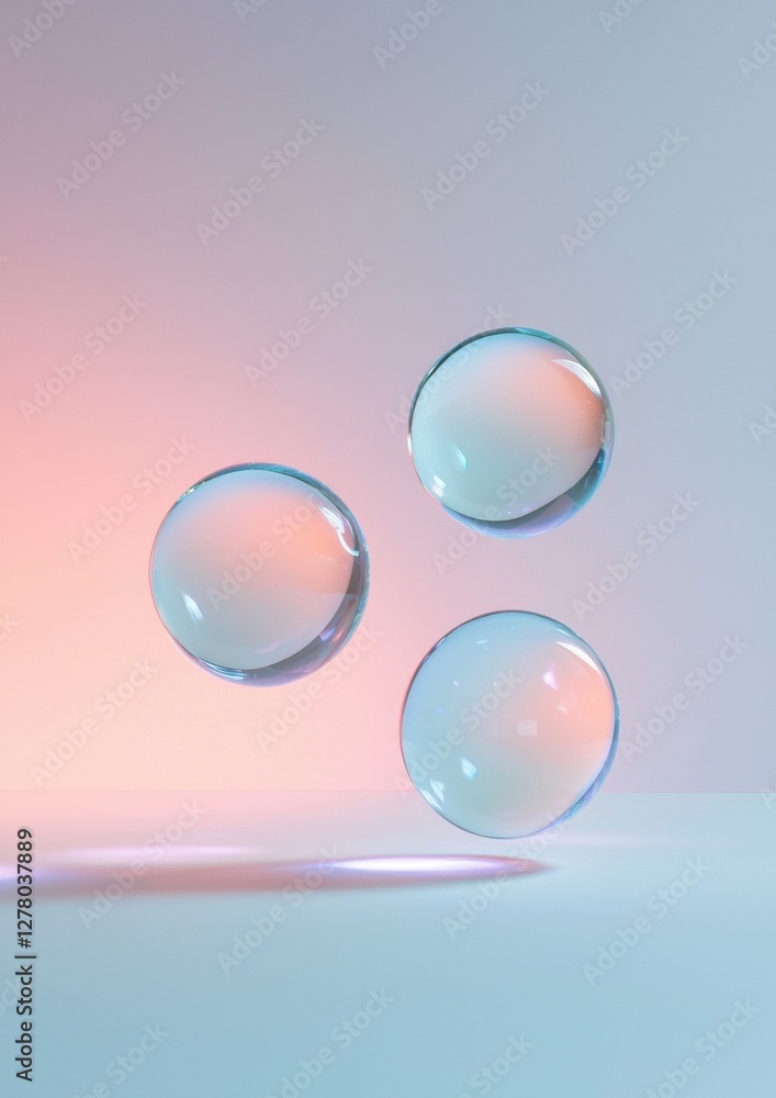 Aufkleber three spherical objects floating in the air against a pastel pink and light blue background. the obj