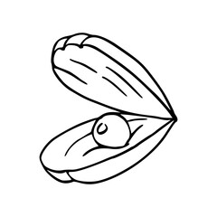 a line art drawing of an open oyster with pearl for coloring pages