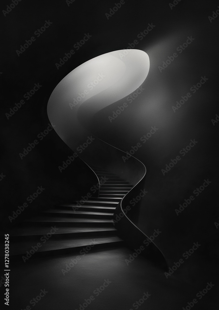 Poster black and white photograph of a spiral staircase. the staircase is made up of multiple steps that ar