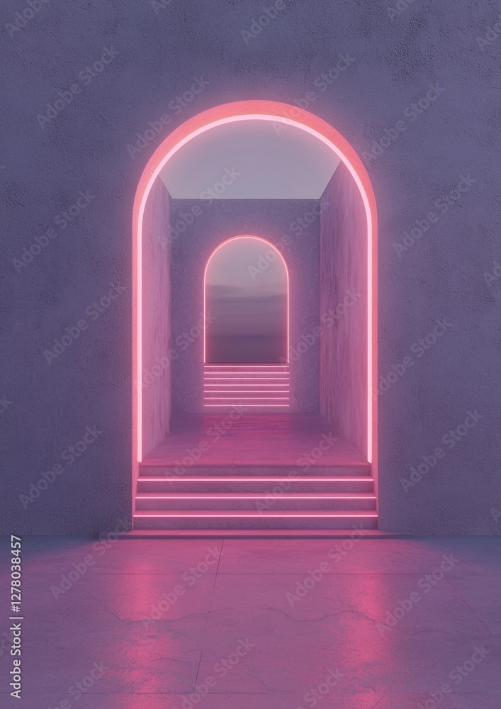 Aufkleber archway in a dark room with a pink neon light. the archway is made of concrete and has a curved shap