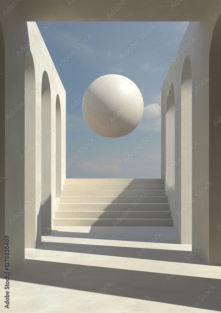 Poster 3d rendering of a white sphere floating in the sky. the sphere is in the center of the image, with a