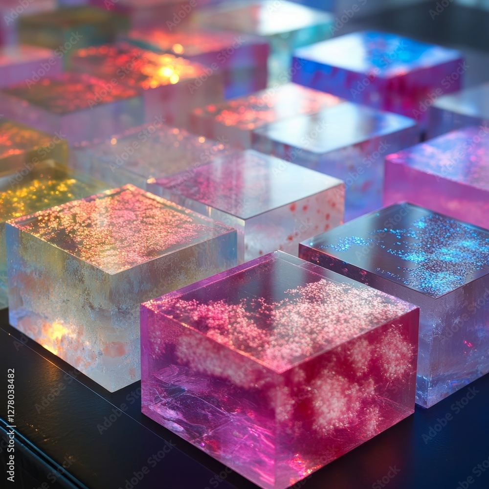 Poster colorful translucent resin blocks with embedded textures and light effects