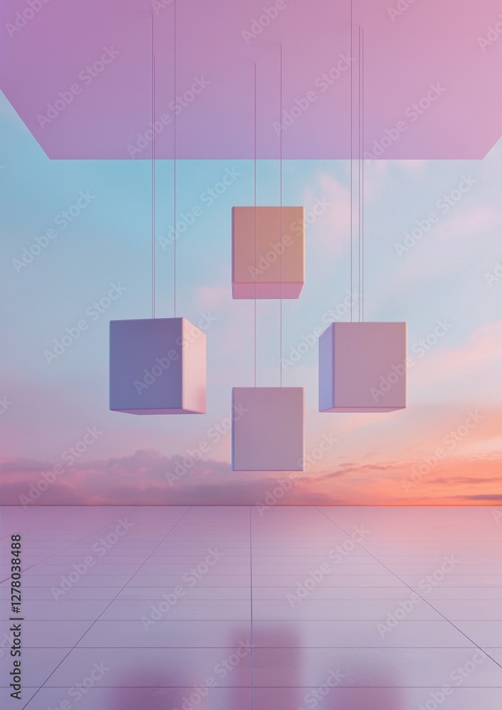 Poster three square-shaped cubes hanging from strings in an empty room with a pink and blue sky in the back