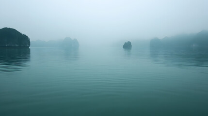 Misty lake landscape, tranquil water reflecting foggy atmosphere, serene and peaceful scene ideal for meditation or relaxation.