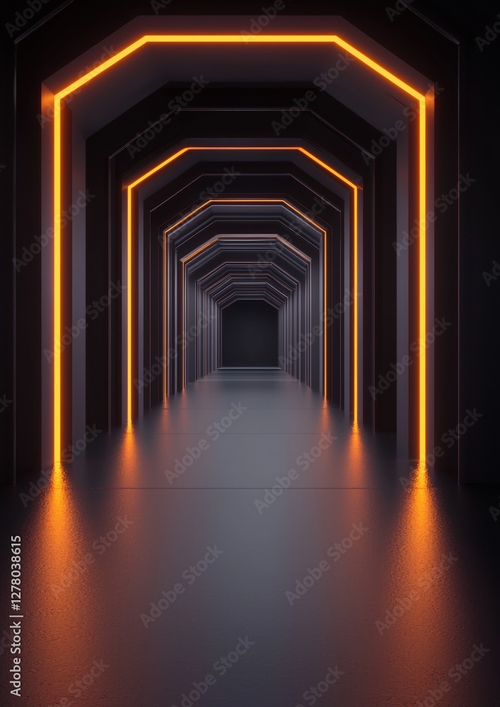 Poster long, narrow corridor with a black background. the corridor is made up of multiple rows of orange ne