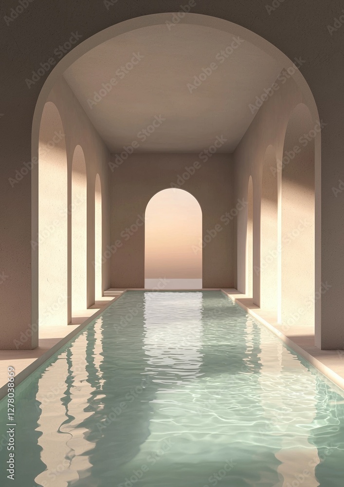 Aufkleber indoor swimming pool with a long, rectangular shape. the pool is surrounded by a white archway with 