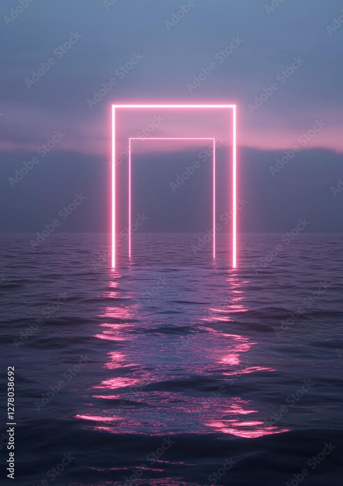 Poster digital art piece that appears to be a photograph of a rectangular frame made of neon lights. the fr