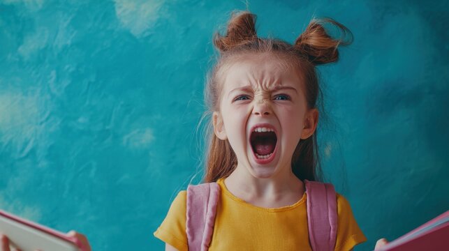 angry girl child screaming with books