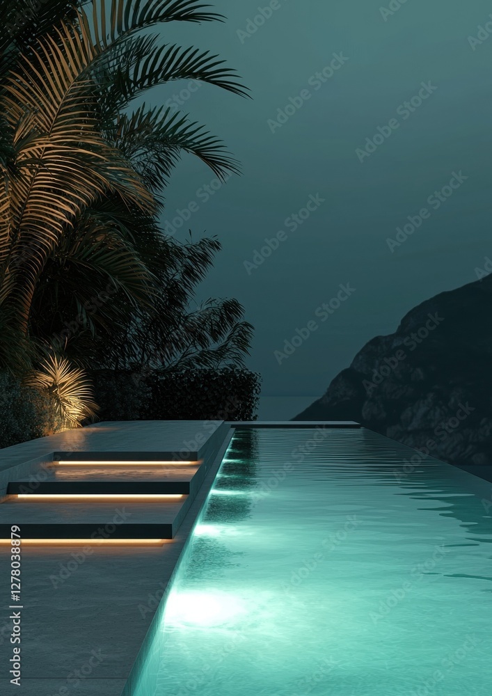 Aufkleber long, rectangular swimming pool with a pathway leading to the ocean at night. the pool is lit up wit