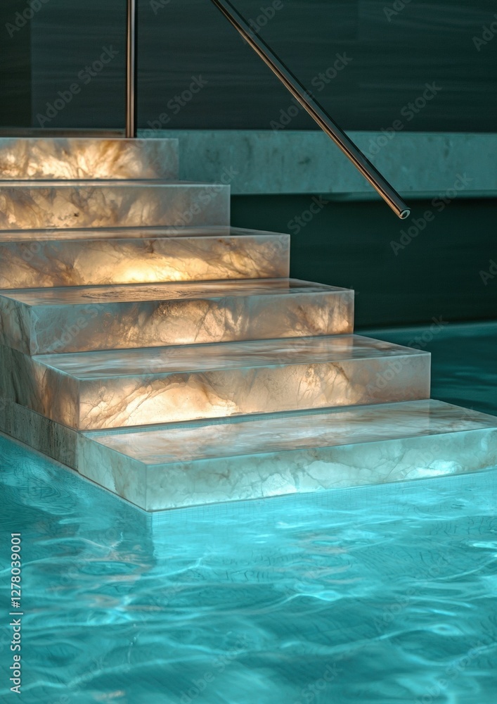 Poster set of stairs leading up to the top of a swimming pool. the stairs are made of concrete and have a m