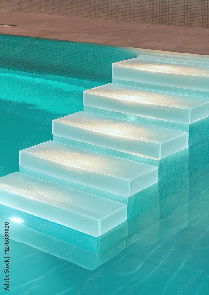 Poster set of three white steps leading up to the top of a swimming pool. the steps are made of transparent