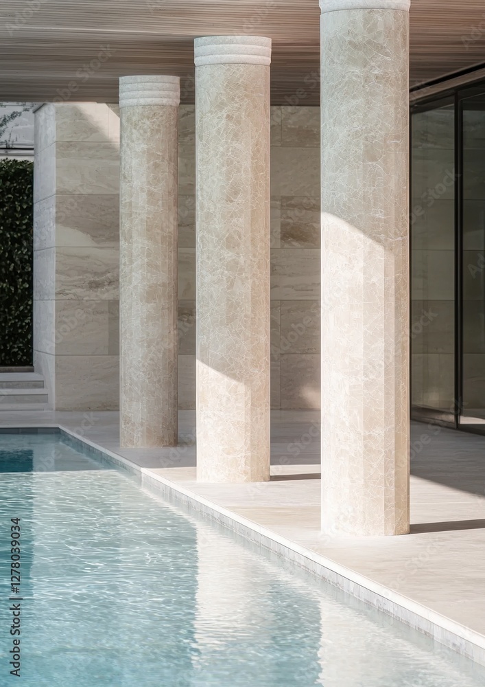 Poster row of four tall, beige-colored columns standing next to a swimming pool. the columns are made of st