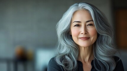 A warm and inviting portrait of an elderly woman with gray hair, ideal for wellness advertisements, personal care products, and retirement planning campaigns.