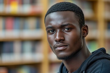 Young man poses thoughtfully in library surrounded by books while wearing casual black hoodie