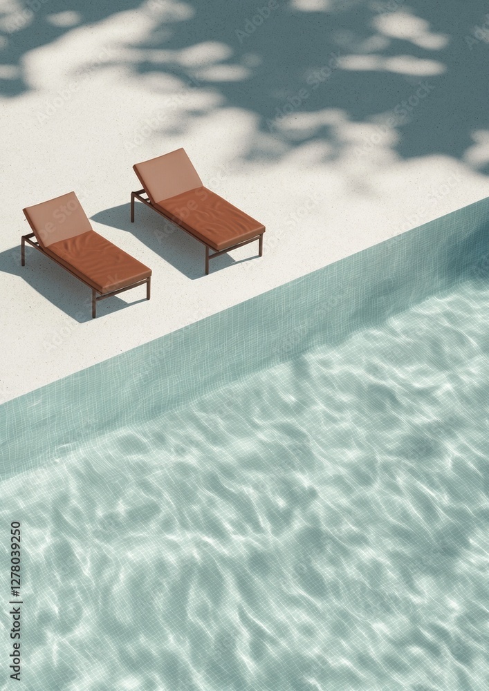 Poster two brown lounge chairs on the edge of a swimming pool. the pool is rectangular in shape and has a l