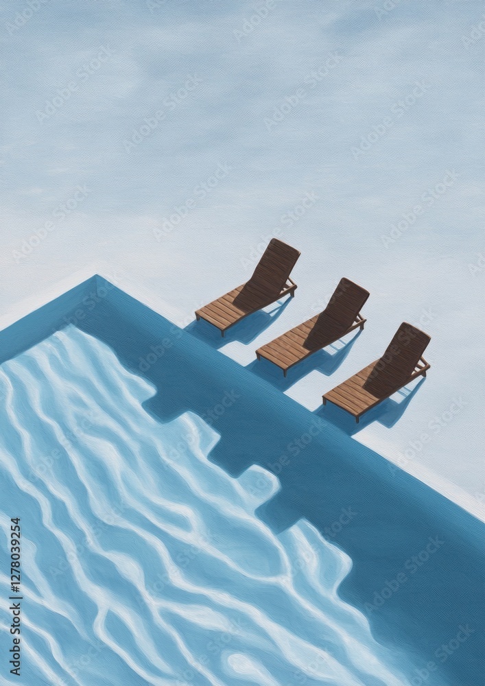 Poster three wooden lounge chairs on the edge of a swimming pool. the pool is rectangular in shape and has 