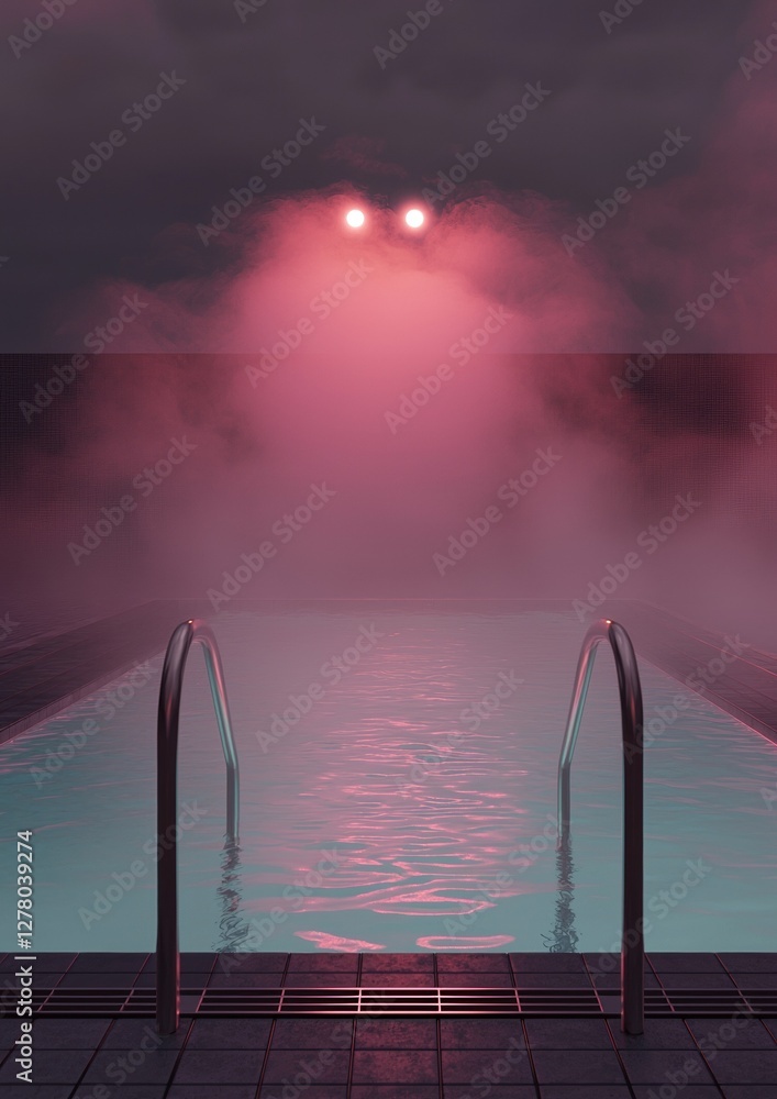 Aufkleber swimming pool with two metal railings on either side. the pool is surrounded by a tiled floor and th